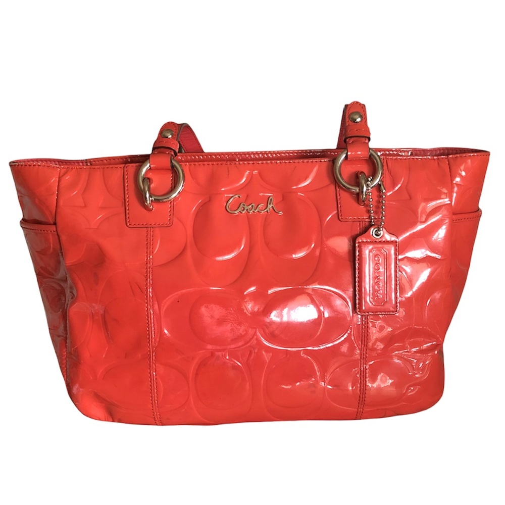 Coach  coral signature gallery embossed patent leather zip medium tote handbag